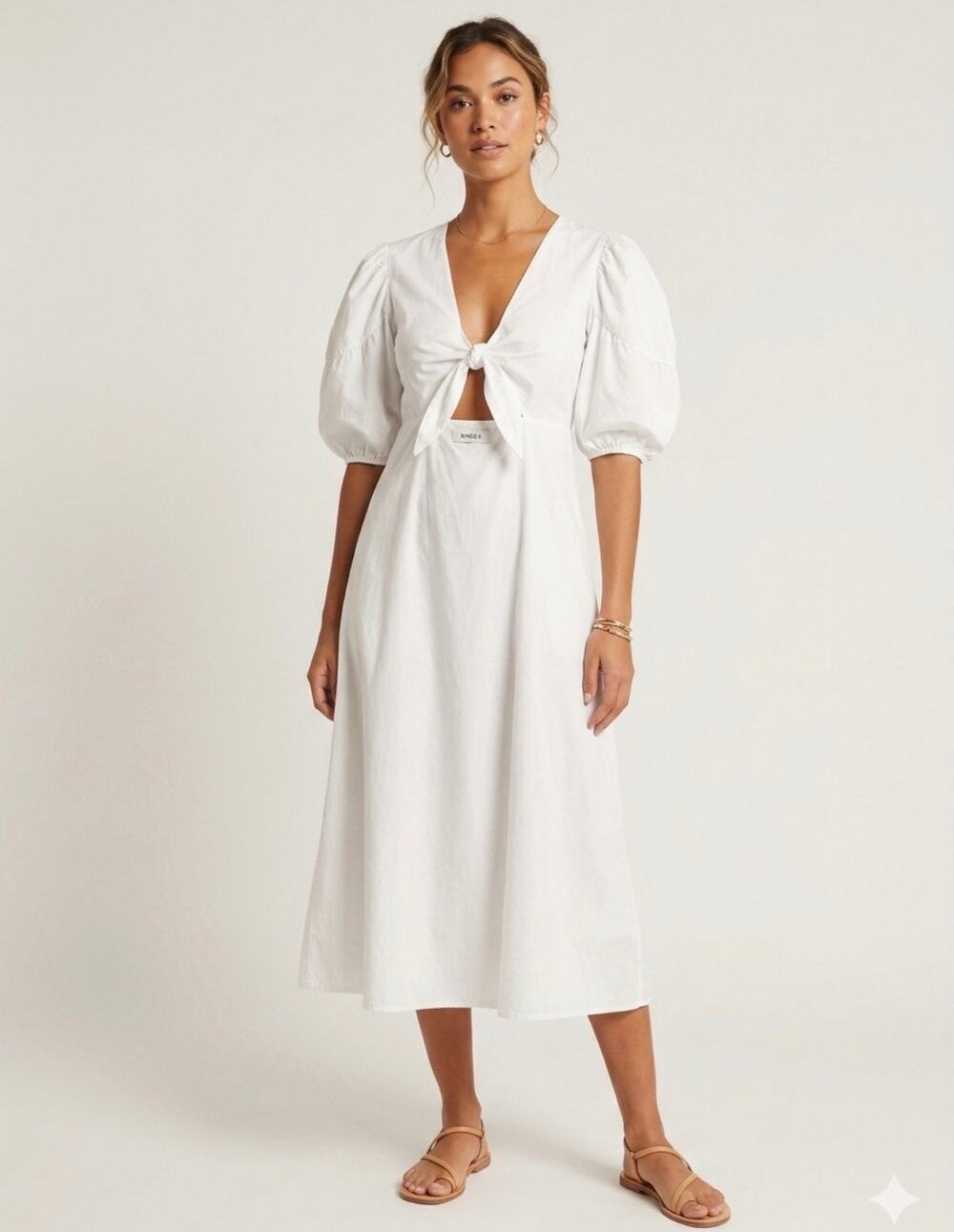 RHODE Resort Greer Dress Size 10 Crisp White Tie Front Cutout Puff Sleeve Midi